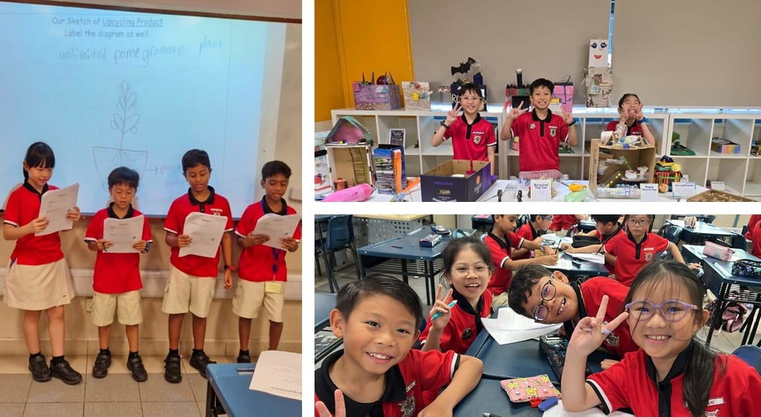 Collage of students in red uniforms presenting papers, showing projects, and smiling at desks in a classroom.